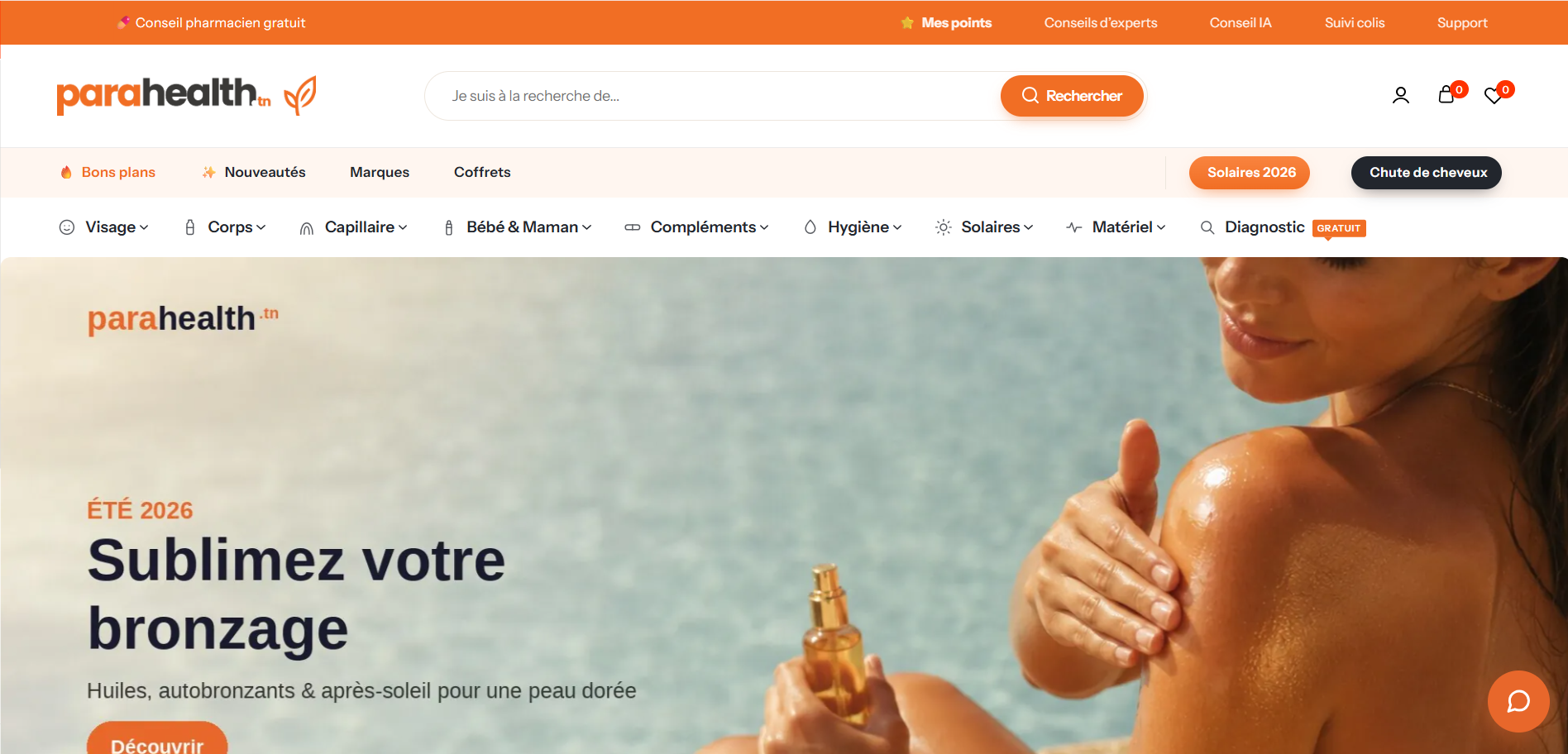 Page d'accueil ParaHealth.tn optimisée en SEO, media buying et social media